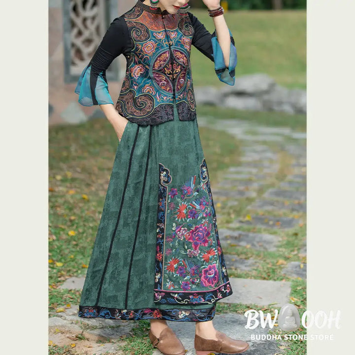Buddha Stones Vintage Style Embroidery Flower Tang Suit Design Sleeveless Vest - Waistcoat