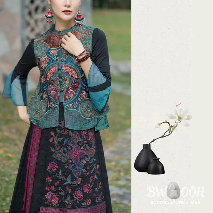 Buddha Stones Vintage Style Embroidery Flower Tang Suit Design Sleeveless Vest - Waistcoat