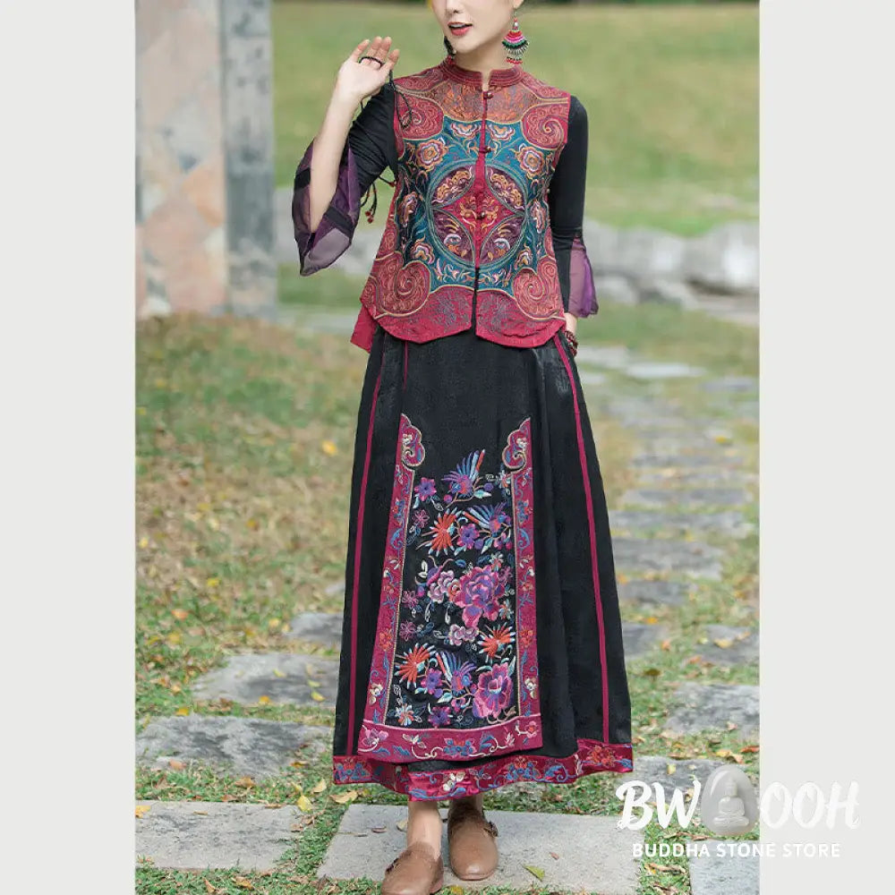 Buddha Stones Vintage Style Embroidery Flower Tang Suit Design Sleeveless Vest - Waistcoat