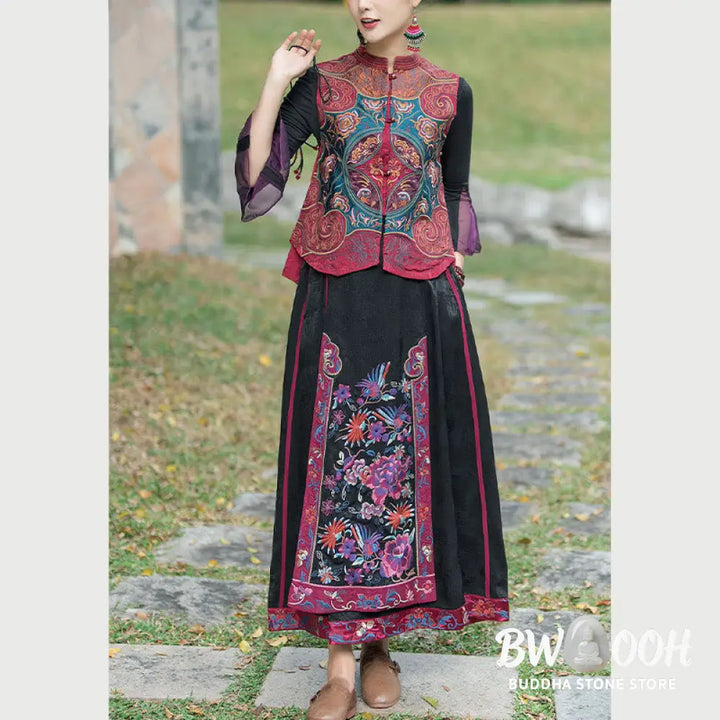 Buddha Stones Vintage Style Embroidery Flower Tang Suit Design Sleeveless Vest - Waistcoat
