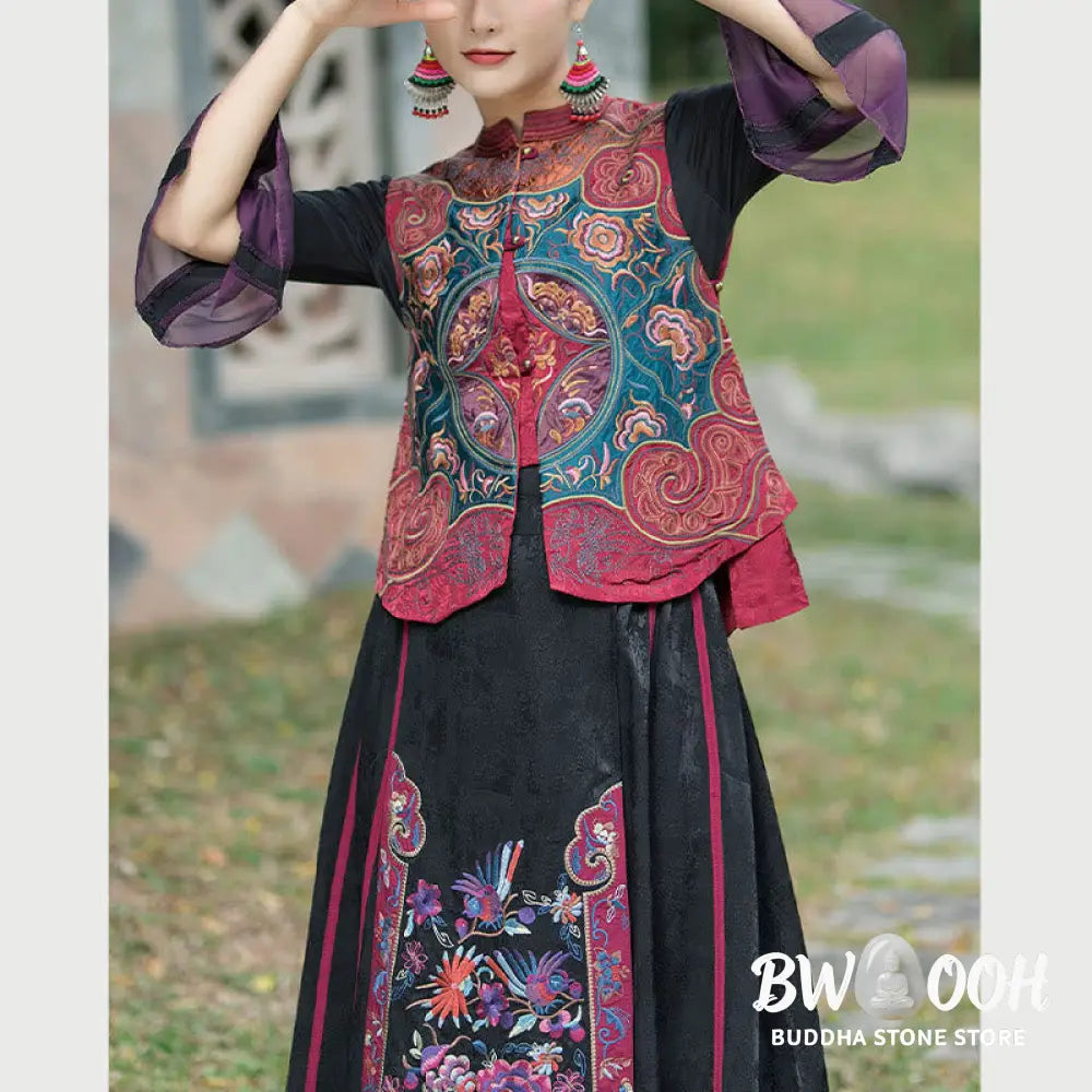 Buddha Stones Vintage Style Embroidery Flower Tang Suit Design Sleeveless Vest - Waistcoat