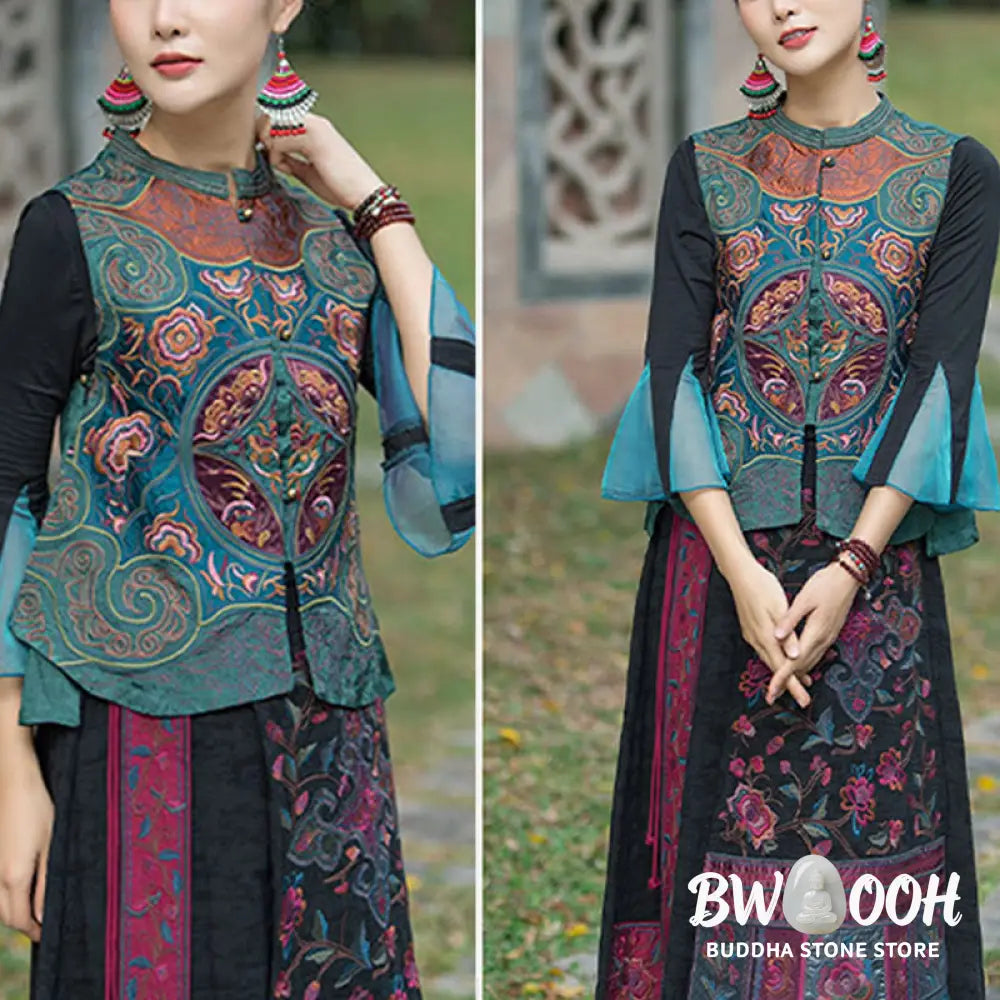 Buddha Stones Vintage Style Embroidery Flower Tang Suit Design Sleeveless Vest - Waistcoat