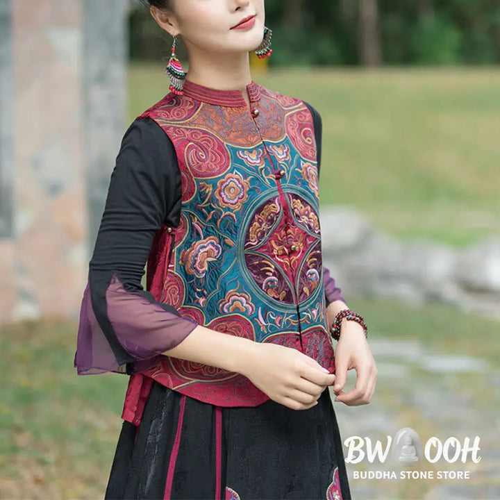 Buddha Stones Vintage Style Embroidery Flower Tang Suit Design Sleeveless Vest - Waistcoat