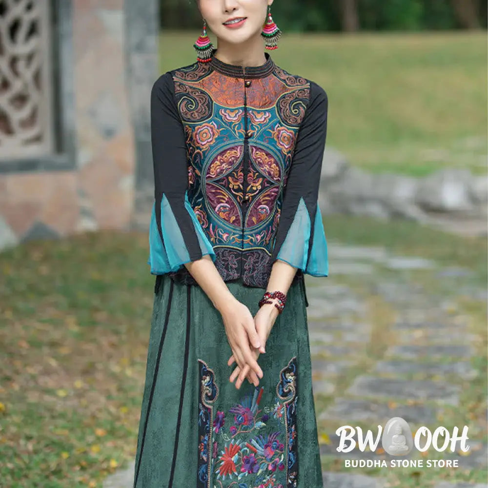 Buddha Stones Vintage Style Embroidery Flower Tang Suit Design Sleeveless Vest - Waistcoat