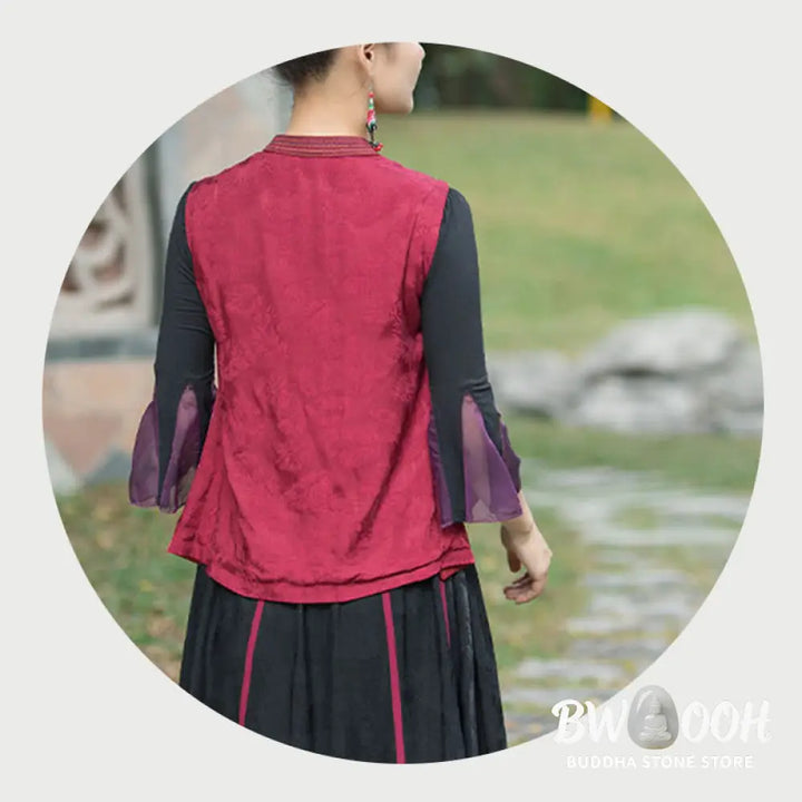 Buddha Stones Vintage Style Embroidery Flower Tang Suit Design Sleeveless Vest - Waistcoat
