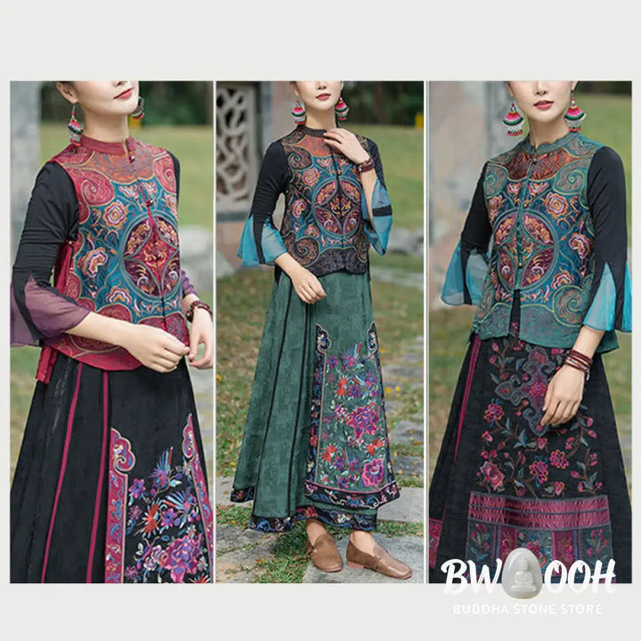Buddha Stones Vintage Style Embroidery Flower Tang Suit Design Sleeveless Vest - Waistcoat