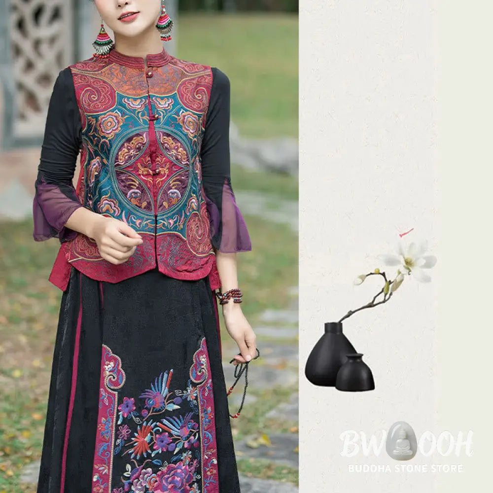 Buddha Stones Vintage Style Embroidery Flower Tang Suit Design Sleeveless Vest - Waistcoat