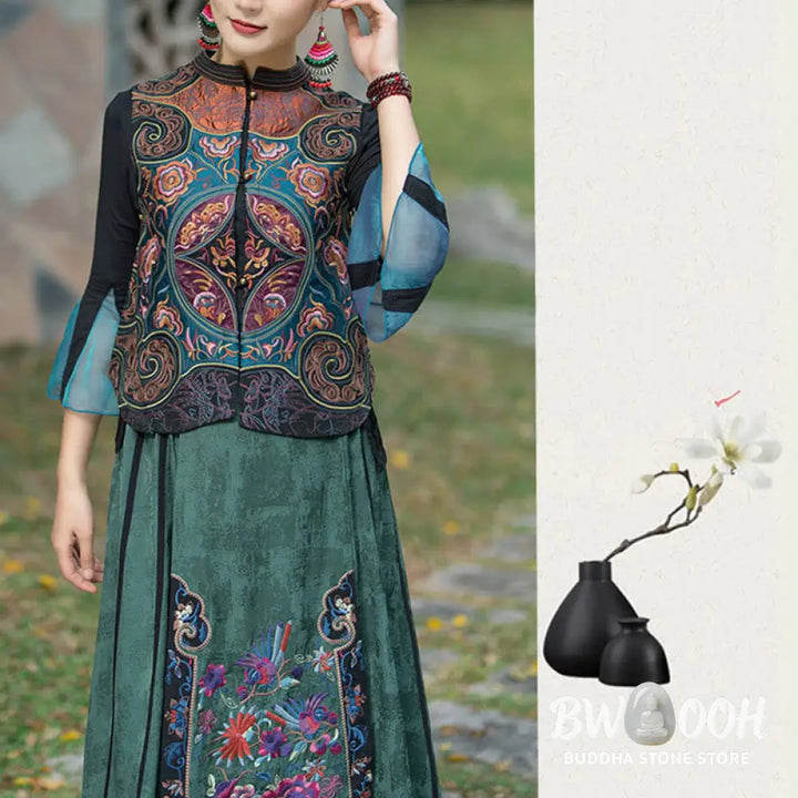 Buddha Stones Vintage Style Embroidery Flower Tang Suit Design Sleeveless Vest - Waistcoat