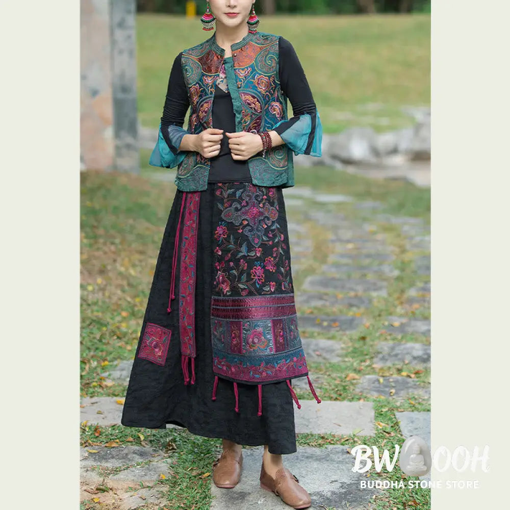 Buddha Stones Vintage Style Embroidery Flower Tang Suit Design Sleeveless Vest - Waistcoat