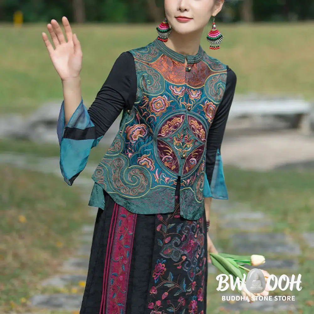 Buddha Stones Vintage Style Embroidery Flower Tang Suit Design Sleeveless Vest - Waistcoat