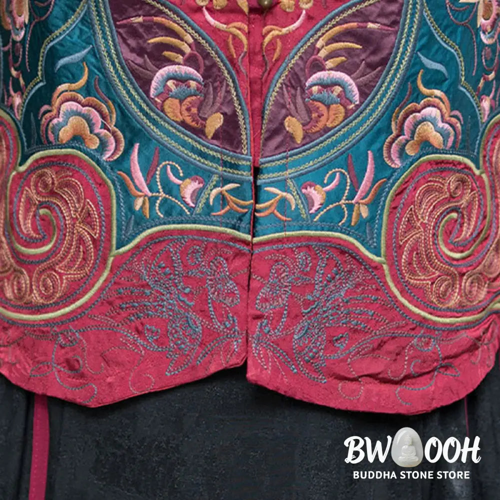 Buddha Stones Vintage Style Embroidery Flower Tang Suit Design Sleeveless Vest - Waistcoat
