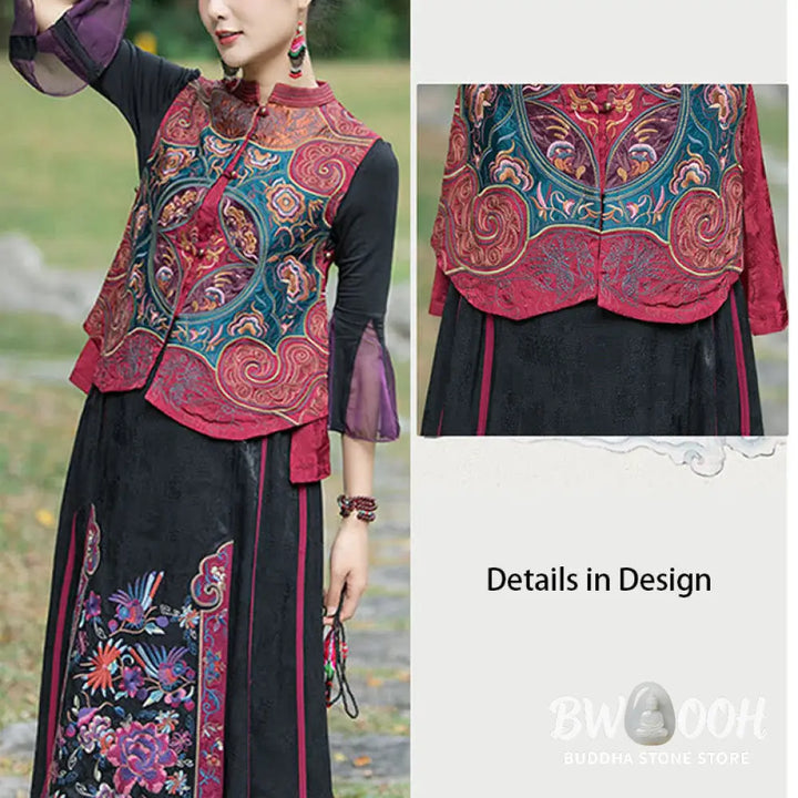 Buddha Stones Vintage Style Embroidery Flower Tang Suit Design Sleeveless Vest - Waistcoat