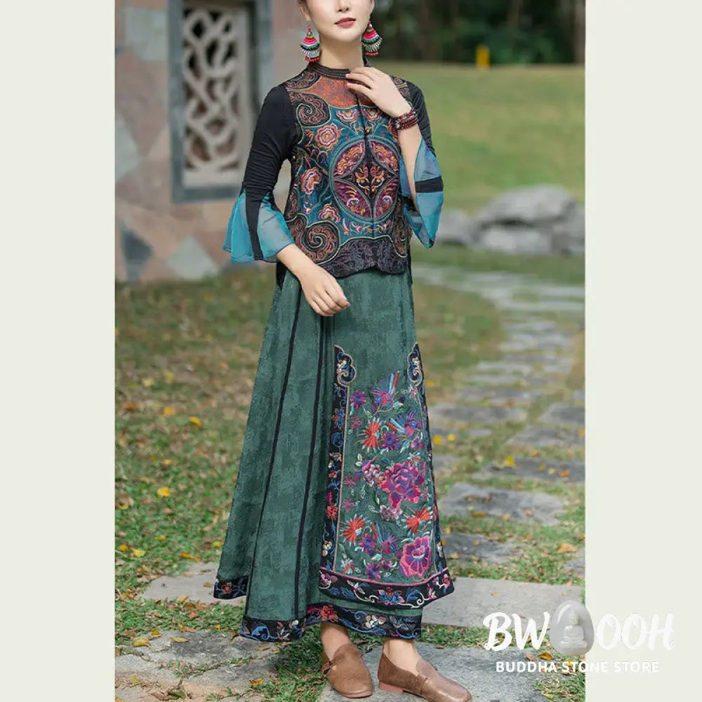 Buddha Stones Vintage Style Embroidery Flower Tang Suit Design Sleeveless Vest - Waistcoat
