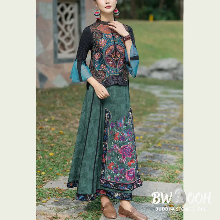 Buddha Stones Vintage Style Embroidery Flower Tang Suit Design Sleeveless Vest - Waistcoat