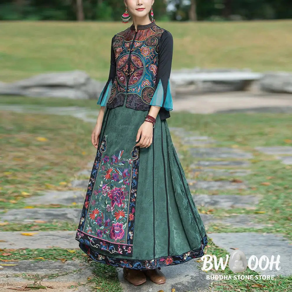 Buddha Stones Vintage Style Embroidery Flower Tang Suit Design Sleeveless Vest - Waistcoat