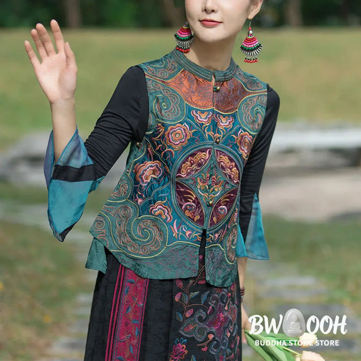 Buddha Stones Vintage Style Embroidery Flower Tang Suit Design Sleeveless Vest - Waistcoat