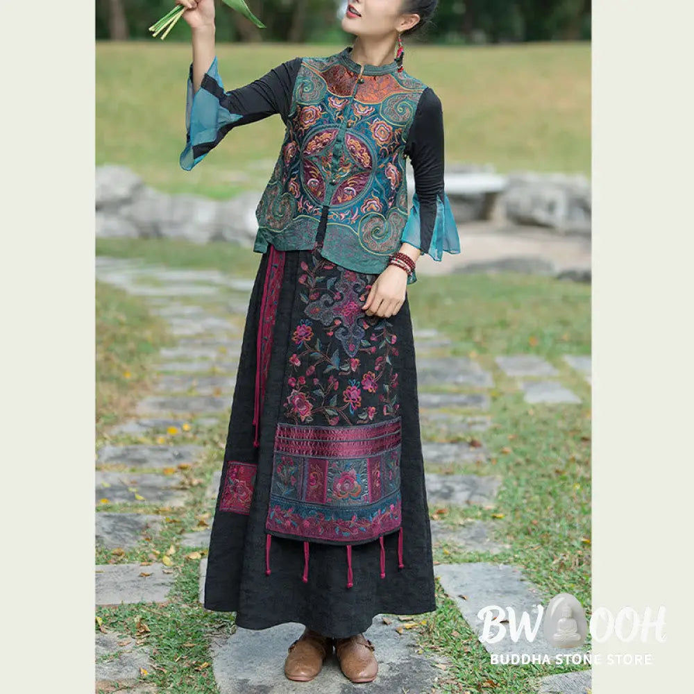 Buddha Stones Vintage Style Embroidery Flower Tang Suit Design Sleeveless Vest - Waistcoat
