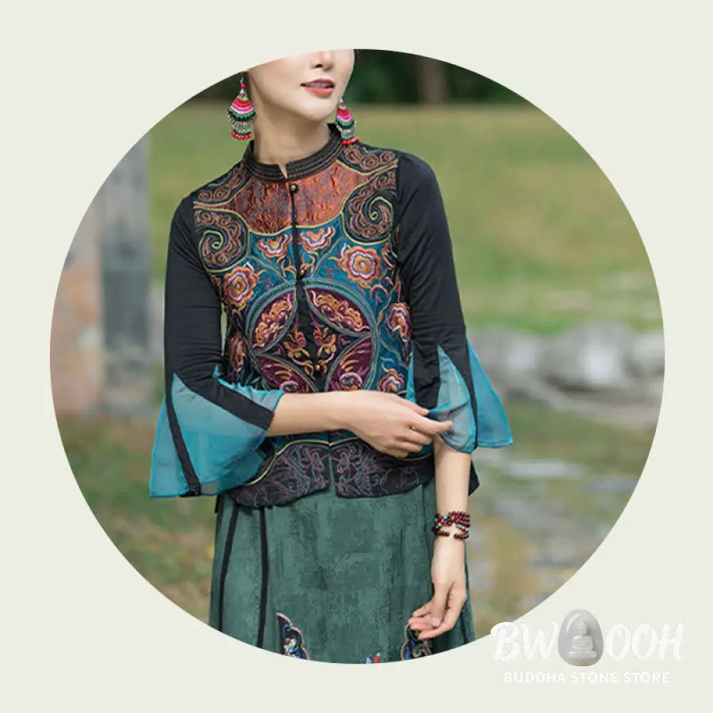 Buddha Stones Vintage Style Embroidery Flower Tang Suit Design Sleeveless Vest - Waistcoat