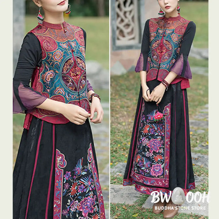 Buddha Stones Vintage Style Embroidery Flower Tang Suit Design Sleeveless Vest - Waistcoat