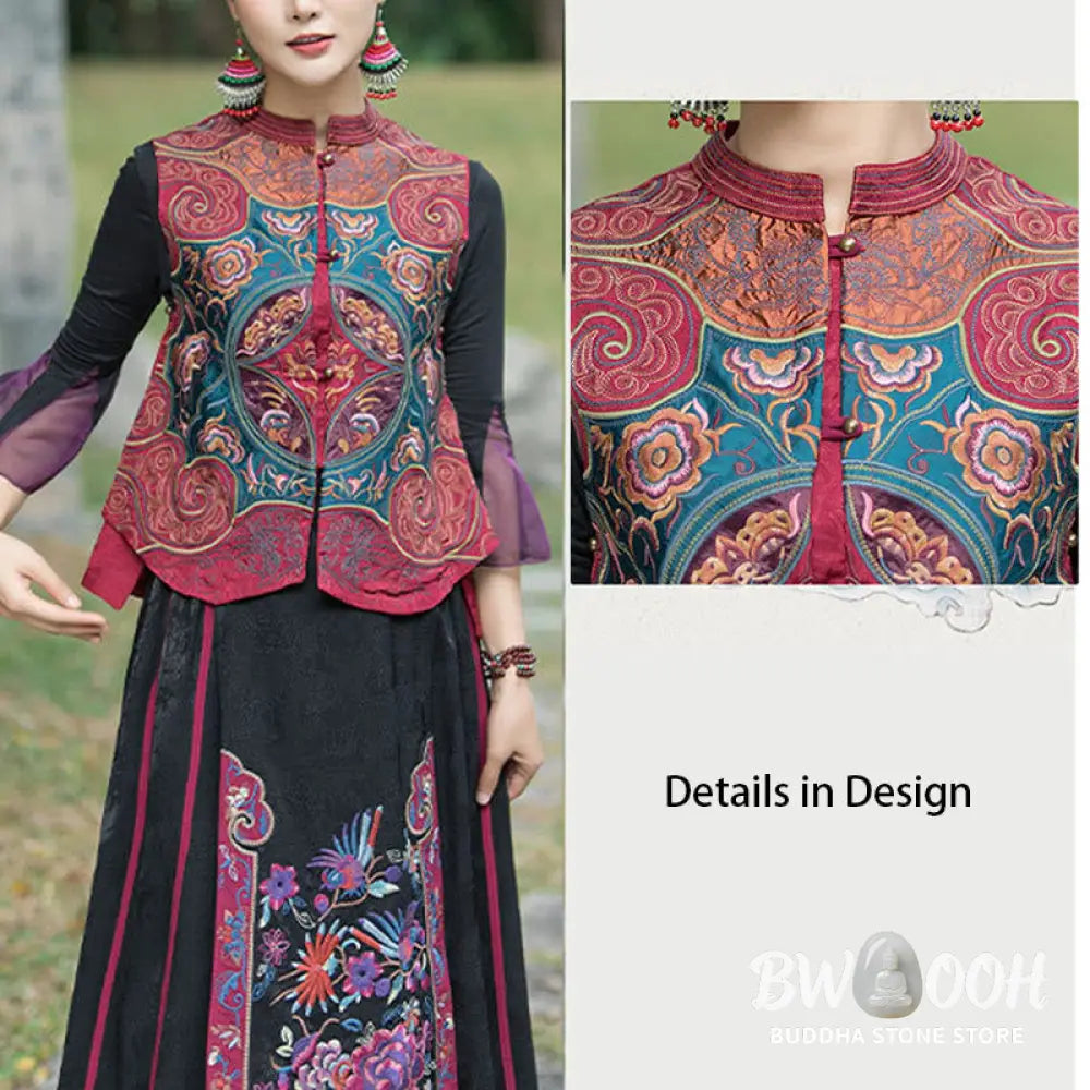 Buddha Stones Vintage Style Embroidery Flower Tang Suit Design Sleeveless Vest - Waistcoat