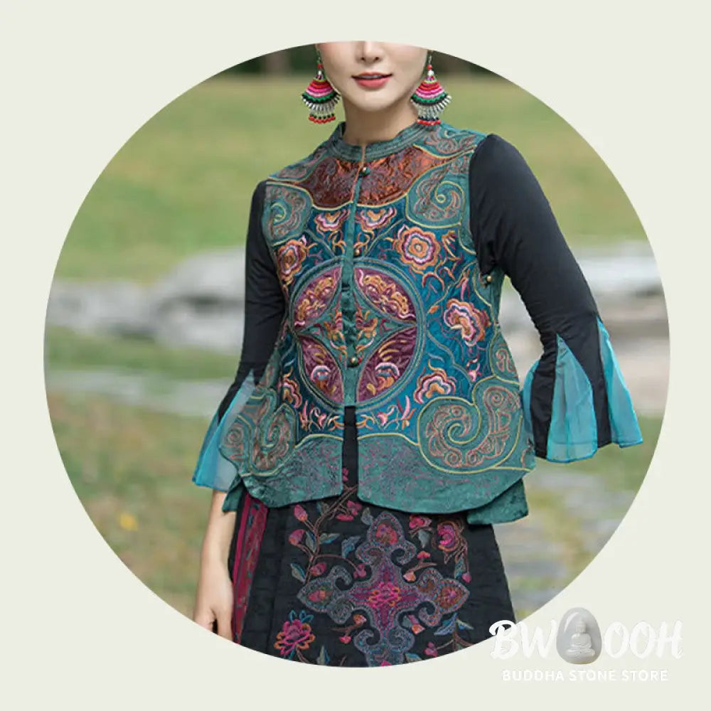 Buddha Stones Vintage Style Embroidery Flower Tang Suit Design Sleeveless Vest - Waistcoat