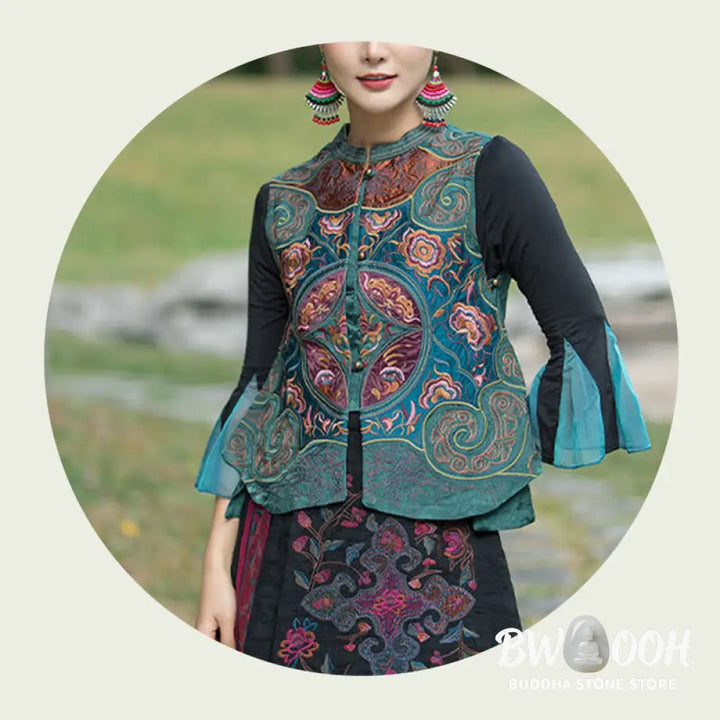 Buddha Stones Vintage Style Embroidery Flower Tang Suit Design Sleeveless Vest - Waistcoat