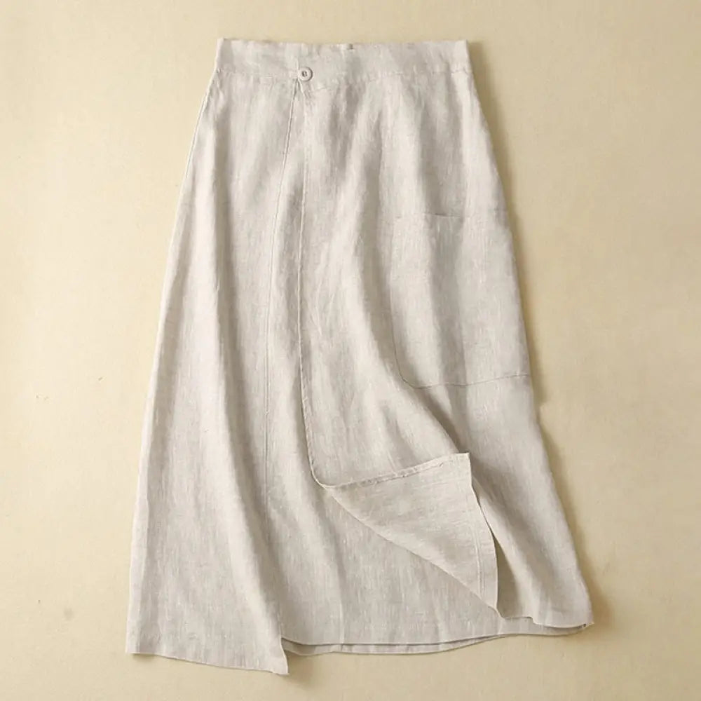 Buddha Stones Vintage Summer Asymmetrical High Waist Women’s Cotton Linen Skirt With Pockets - Beige / US4，UK/AU8，EU36