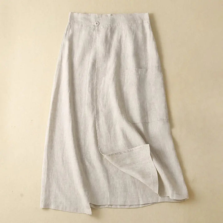Buddha Stones Vintage Summer Asymmetrical High Waist Women’s Cotton Linen Skirt With Pockets - Beige / US4，UK/AU8，EU36