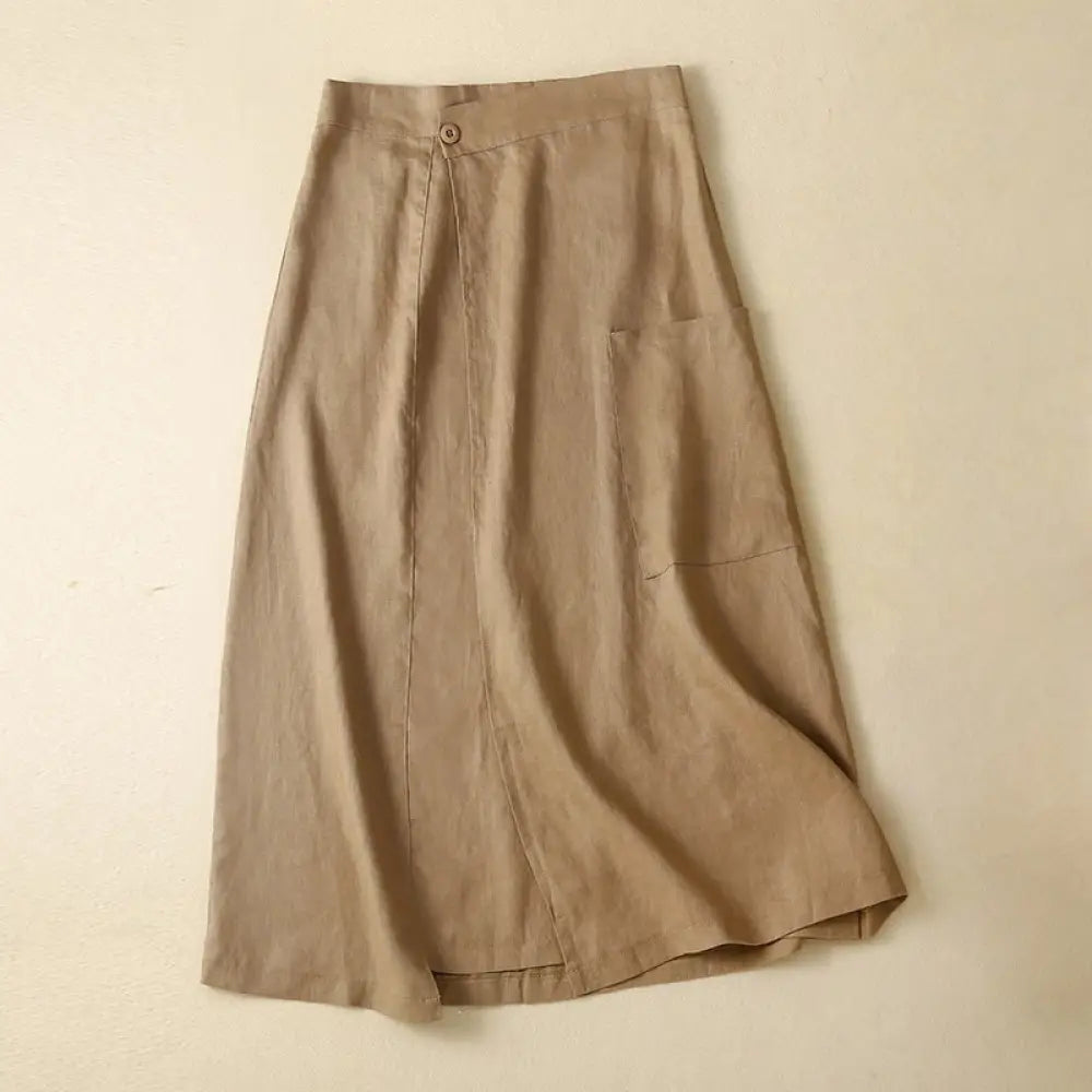 Buddha Stones Vintage Summer Asymmetrical High Waist Women’s Cotton Linen Skirt With Pockets - DarkGoldenrod