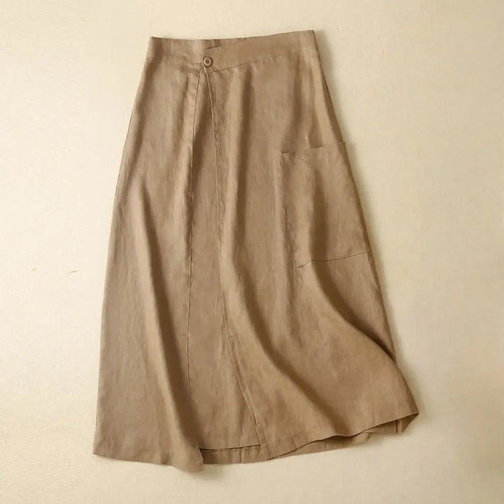 Buddha Stones Vintage Summer Asymmetrical High Waist Women’s Cotton Linen Skirt With Pockets - DarkGoldenrod
