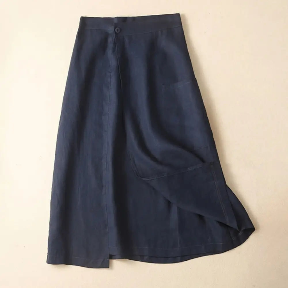 Buddha Stones Vintage Summer Asymmetrical High Waist Women’s Cotton Linen Skirt With Pockets - MidnightBlue