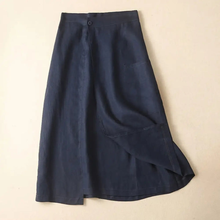 Buddha Stones Vintage Summer Asymmetrical High Waist Women’s Cotton Linen Skirt With Pockets - MidnightBlue
