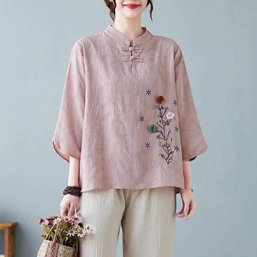 Buddha Stones Vintage Summer Stereoscopic Flower Embroidery Three Quarter Sleeve Frog-Button Cotton Linen Women’s Shirt