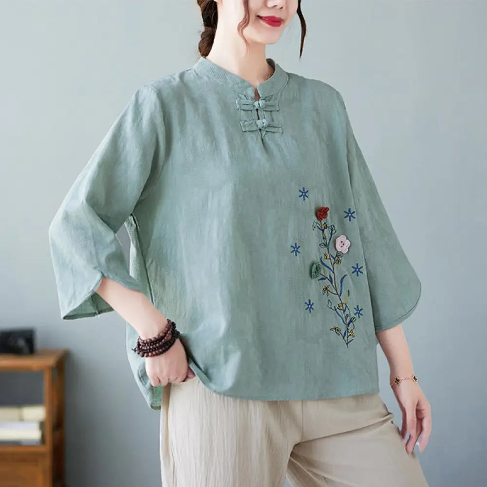 Buddha Stones Vintage Summer Stereoscopic Flower Embroidery Three Quarter Sleeve Frog-Button Cotton Linen Women’s Shirt