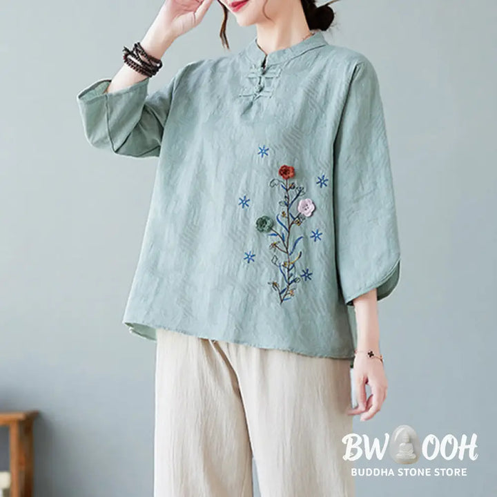 Buddha Stones Vintage Summer Stereoscopic Flower Embroidery Three Quarter Sleeve Frog-Button Cotton Linen Women’s Shirt