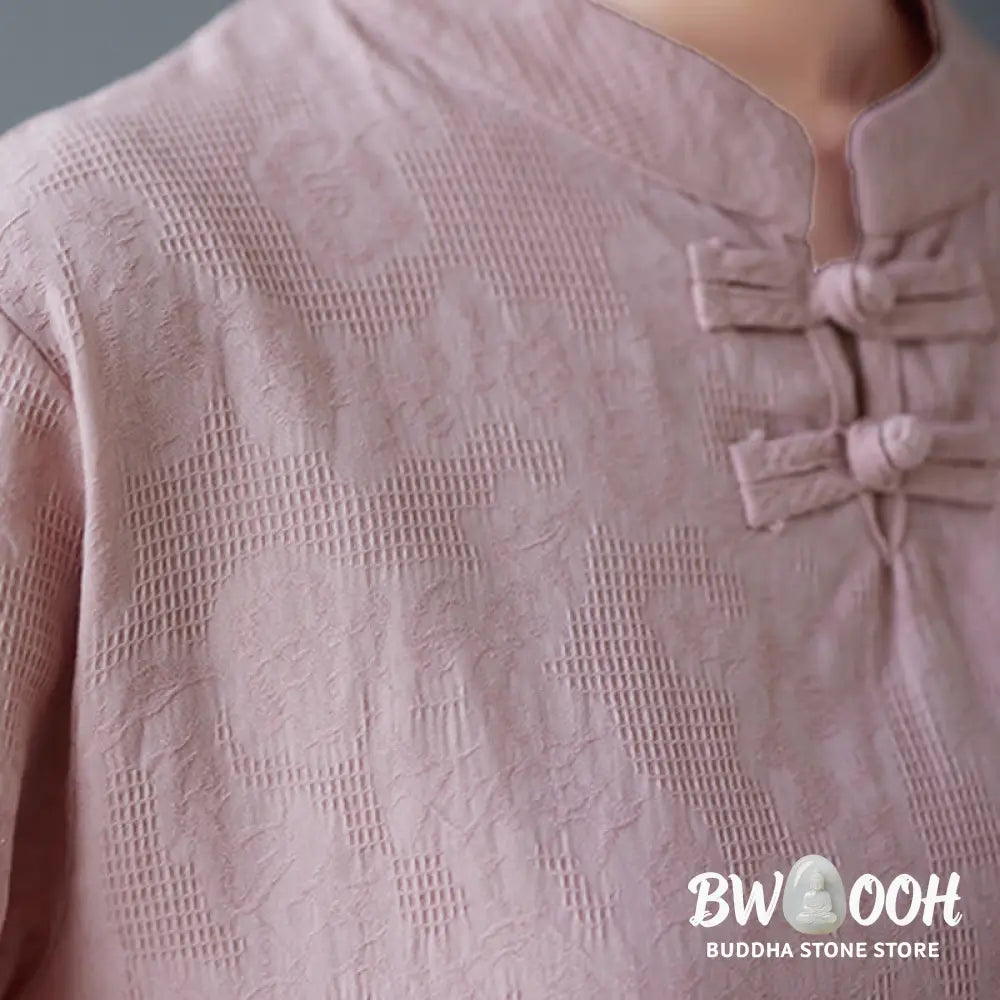 Buddha Stones Vintage Summer Stereoscopic Flower Embroidery Three Quarter Sleeve Frog-Button Cotton Linen Women’s Shirt