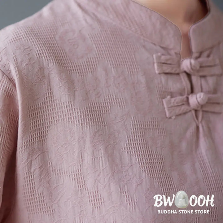 Buddha Stones Vintage Summer Stereoscopic Flower Embroidery Three Quarter Sleeve Frog-Button Cotton Linen Women’s Shirt