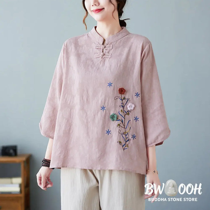 Buddha Stones Vintage Summer Stereoscopic Flower Embroidery Three Quarter Sleeve Frog-Button Cotton Linen Women’s Shirt