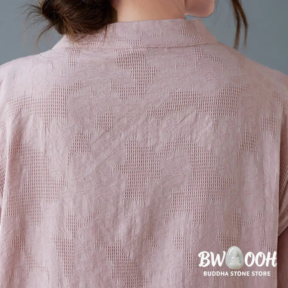 Buddha Stones Vintage Summer Stereoscopic Flower Embroidery Three Quarter Sleeve Frog-Button Cotton Linen Women’s Shirt