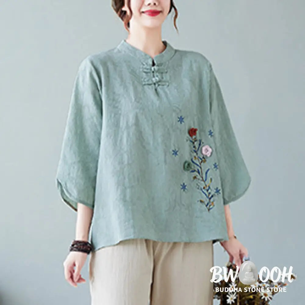 Buddha Stones Vintage Summer Stereoscopic Flower Embroidery Three Quarter Sleeve Frog-Button Cotton Linen Women’s Shirt