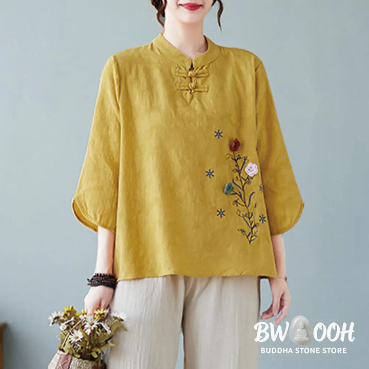Buddha Stones Vintage Summer Stereoscopic Flower Embroidery Three Quarter Sleeve Frog-Button Cotton Linen Women’s Shirt
