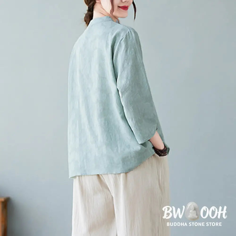 Buddha Stones Vintage Summer Stereoscopic Flower Embroidery Three Quarter Sleeve Frog-Button Cotton Linen Women’s Shirt