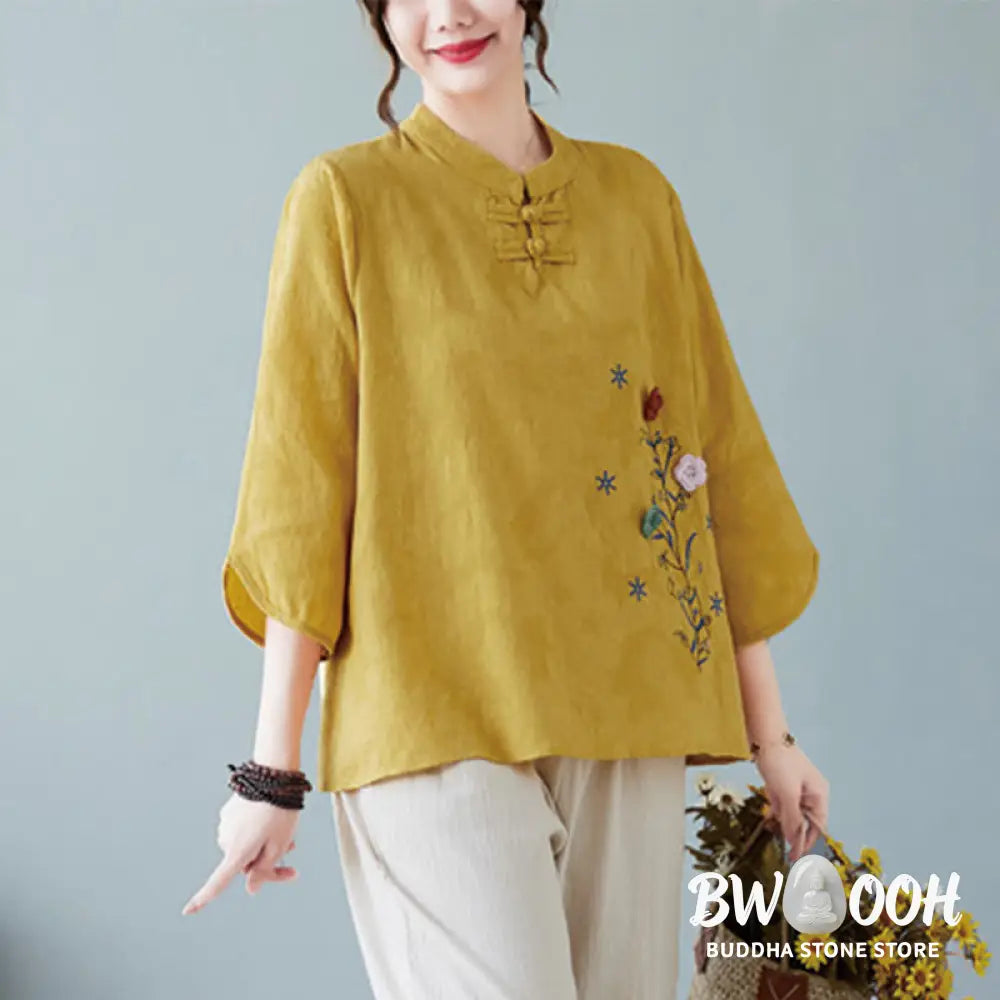 Buddha Stones Vintage Summer Stereoscopic Flower Embroidery Three Quarter Sleeve Frog-Button Cotton Linen Women’s Shirt