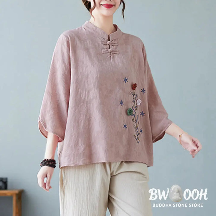 Buddha Stones Vintage Summer Stereoscopic Flower Embroidery Three Quarter Sleeve Frog-Button Cotton Linen Women’s Shirt