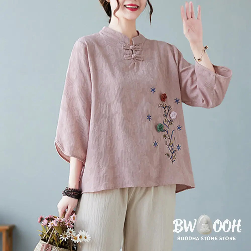 Buddha Stones Vintage Summer Stereoscopic Flower Embroidery Three Quarter Sleeve Frog-Button Cotton Linen Women’s Shirt