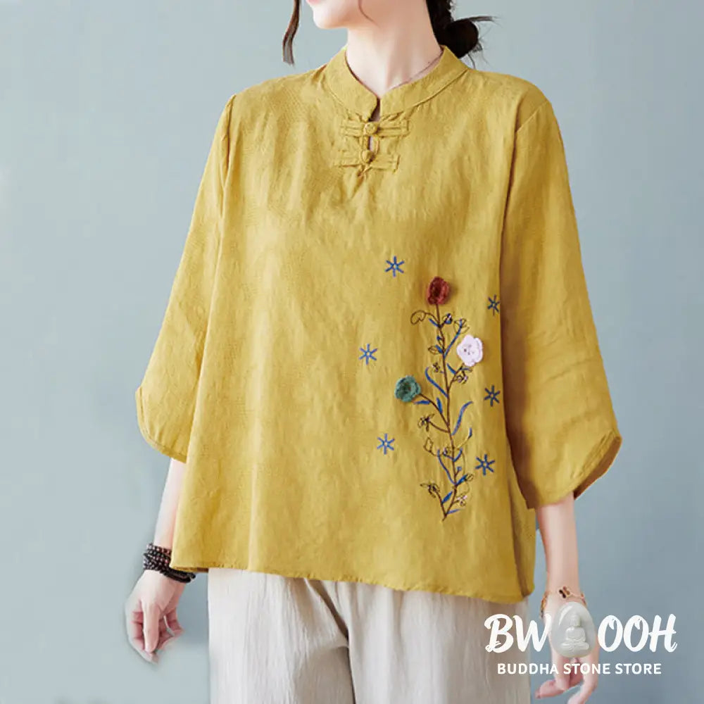 Buddha Stones Vintage Summer Stereoscopic Flower Embroidery Three Quarter Sleeve Frog-Button Cotton Linen Women’s Shirt