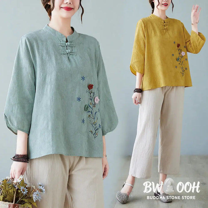 Buddha Stones Vintage Summer Stereoscopic Flower Embroidery Three Quarter Sleeve Frog-Button Cotton Linen Women’s Shirt