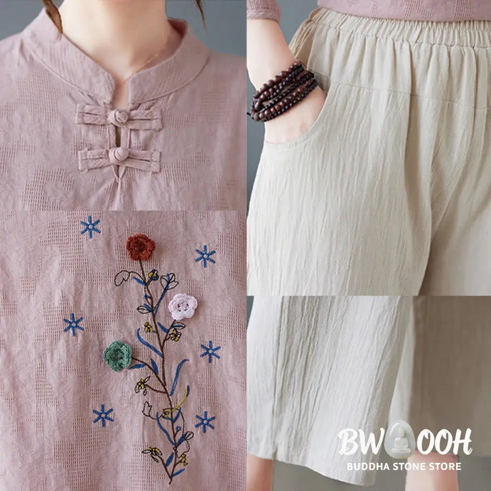 Buddha Stones Vintage Summer Stereoscopic Flower Embroidery Three Quarter Sleeve Frog-Button Cotton Linen Women’s Shirt