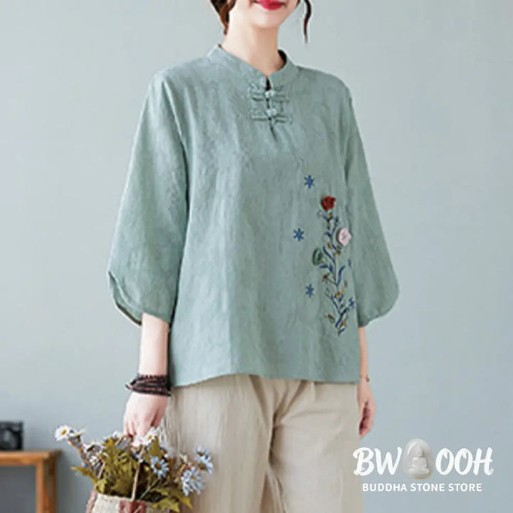 Buddha Stones Vintage Summer Stereoscopic Flower Embroidery Three Quarter Sleeve Frog-Button Cotton Linen Women’s Shirt