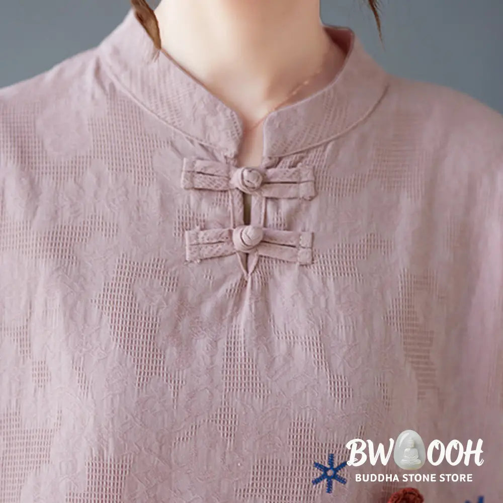 Buddha Stones Vintage Summer Stereoscopic Flower Embroidery Three Quarter Sleeve Frog-Button Cotton Linen Women’s Shirt